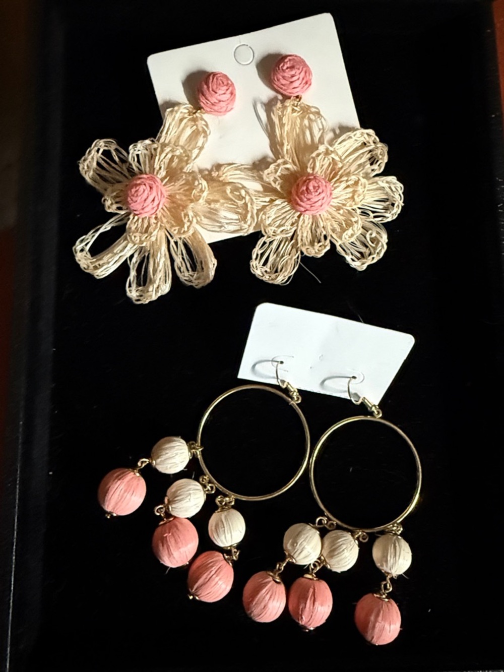 2 pairs Pink and Cream Raffia Earrings - Women Jewelry